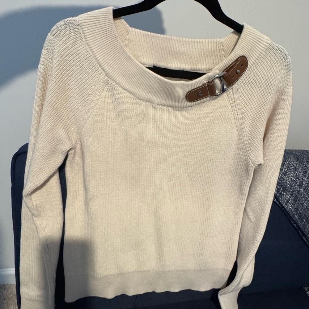 Ralph Lauren Women's Beige Buckle-Collar Long-Sleeve Knit Sweater Size M